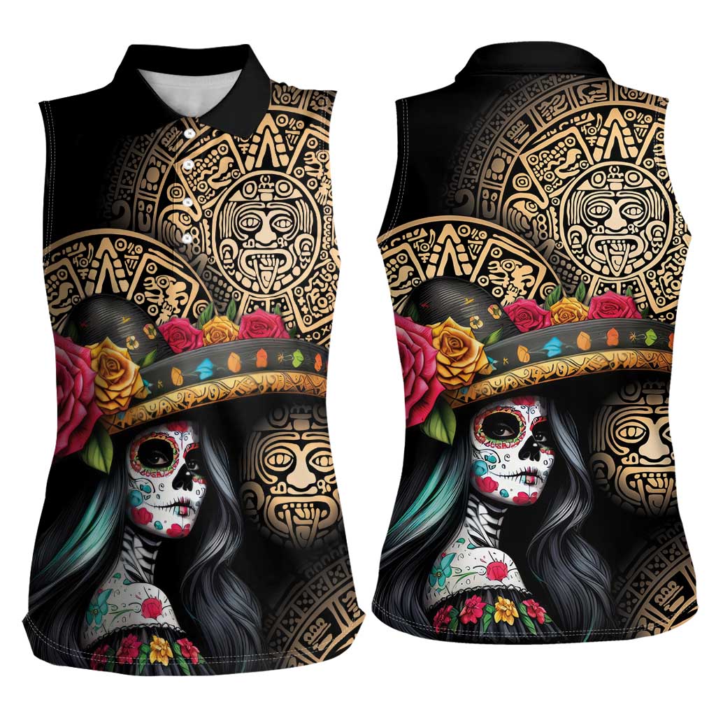 La Calavera Catrina Aztec Circle Women Sleeveless Polo Shirt Dia de Muertos - Wonder Print Shop