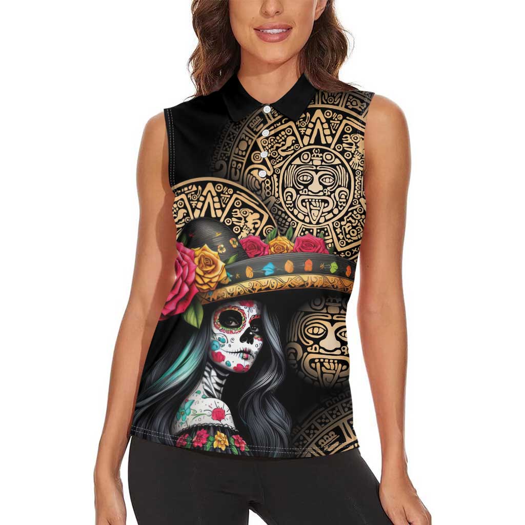 La Calavera Catrina Aztec Circle Women Sleeveless Polo Shirt Dia de Muertos - Wonder Print Shop