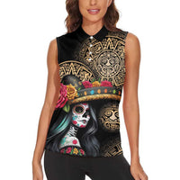La Calavera Catrina Aztec Circle Women Sleeveless Polo Shirt Dia de Muertos - Wonder Print Shop