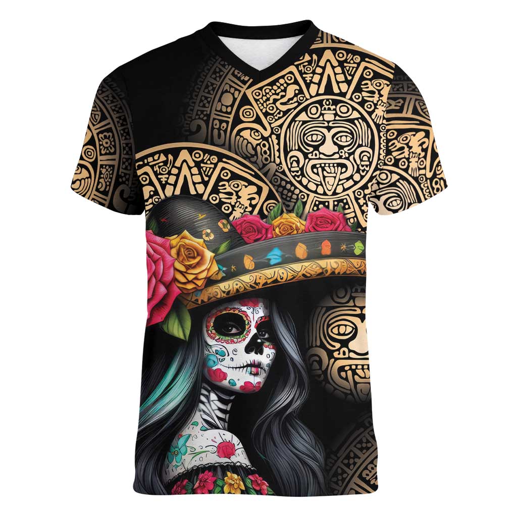 La Calavera Catrina Aztec Circle Women V-Neck T-Shirt Dia de Muertos - Wonder Print Shop