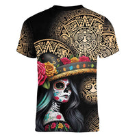 La Calavera Catrina Aztec Circle Women V-Neck T-Shirt Dia de Muertos - Wonder Print Shop