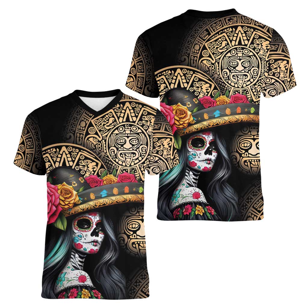 La Calavera Catrina Aztec Circle Women V-Neck T-Shirt Dia de Muertos - Wonder Print Shop