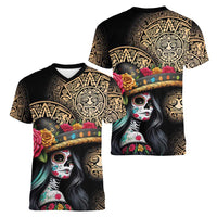 La Calavera Catrina Aztec Circle Women V-Neck T-Shirt Dia de Muertos - Wonder Print Shop