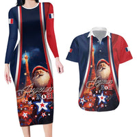 Personalised France Christmas Couples Matching Long Sleeve Bodycon Dress and Hawaiian Shirt Joyeux Noel Santa Claus Eiffel Tower - Wonder Print Shop