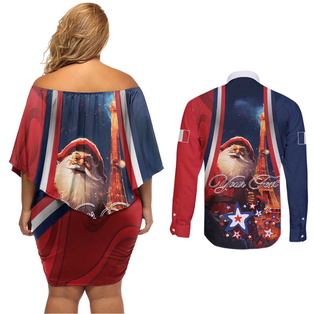Personalised France Christmas Couples Matching Off Shoulder Short Dress and Long Sleeve Button Shirt Joyeux Noel Santa Claus Eiffel Tower - Wonder Print Shop