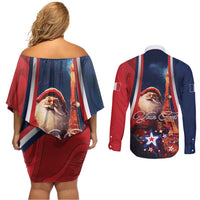 Personalised France Christmas Couples Matching Off Shoulder Short Dress and Long Sleeve Button Shirt Joyeux Noel Santa Claus Eiffel Tower - Wonder Print Shop