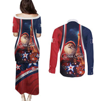 Personalised France Christmas Couples Matching Puletasi and Long Sleeve Button Shirt Joyeux Noel Santa Claus Eiffel Tower - Wonder Print Shop