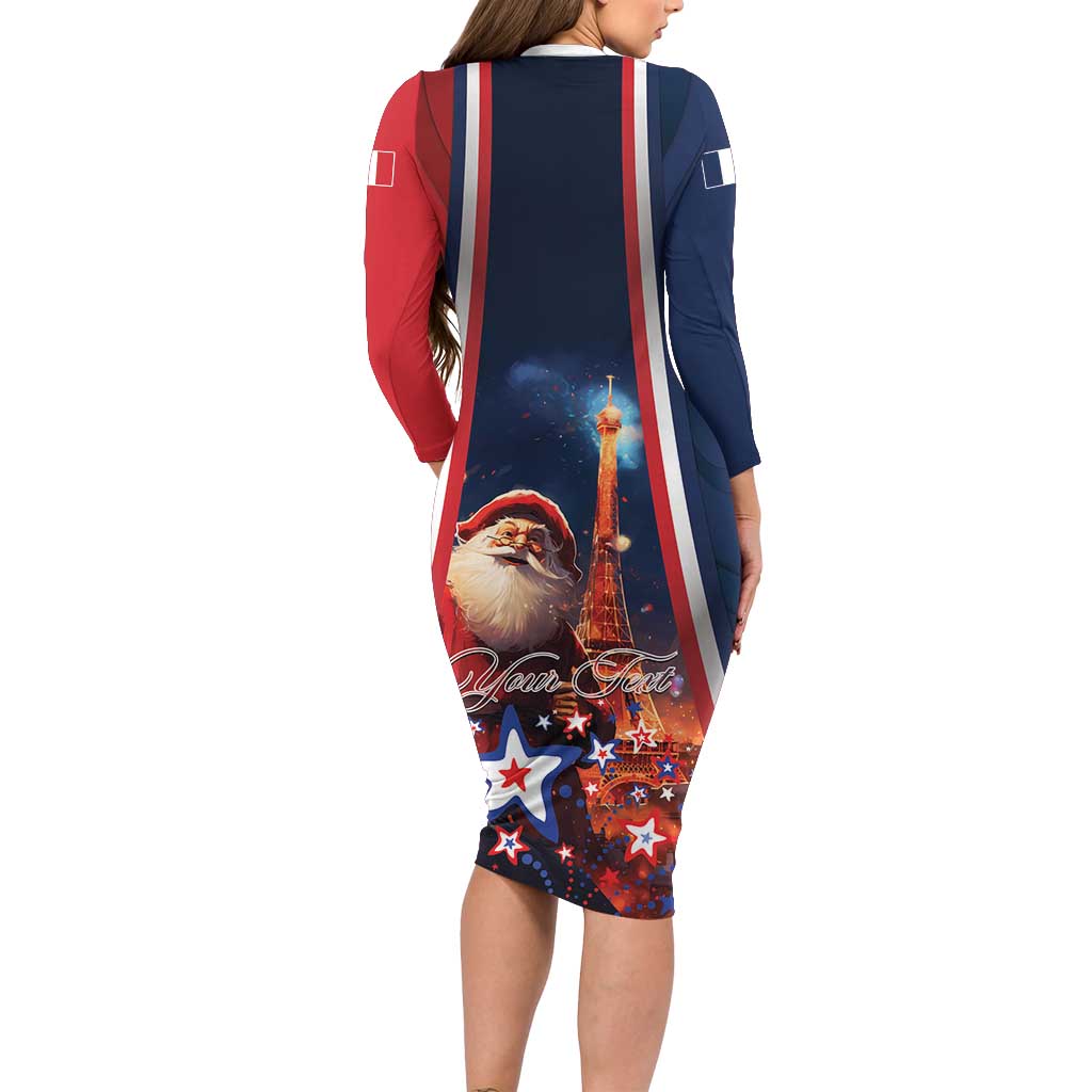 Personalised France Christmas Family Matching Long Sleeve Bodycon Dress and Hawaiian Shirt Joyeux Noel Santa Claus Eiffel Tower - Wonder Print Shop