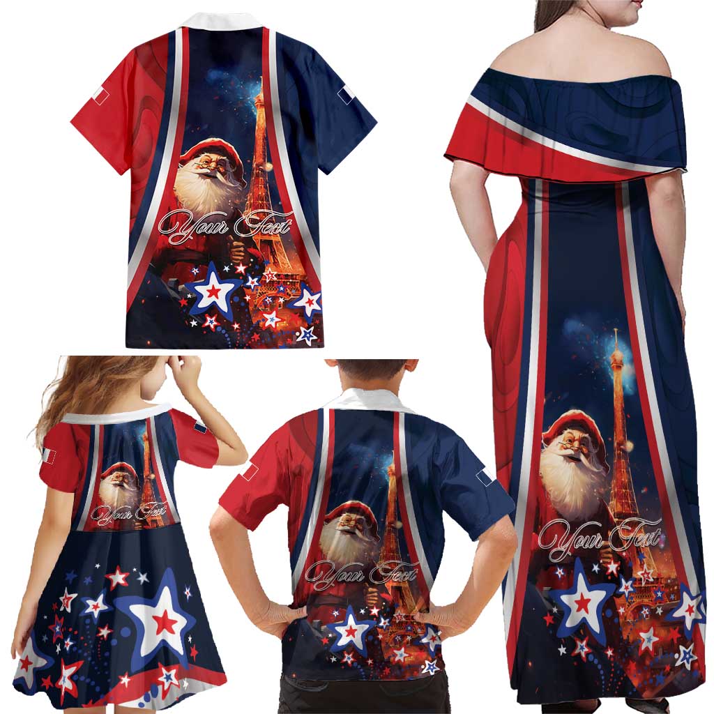 Personalised France Christmas Family Matching Off Shoulder Maxi Dress and Hawaiian Shirt Joyeux Noel Santa Claus Eiffel Tower - Wonder Print Shop