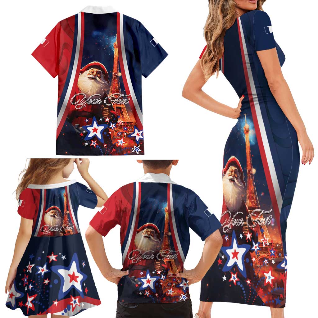Personalised France Christmas Family Matching Short Sleeve Bodycon Dress and Hawaiian Shirt Joyeux Noel Santa Claus Eiffel Tower - Wonder Print Shop