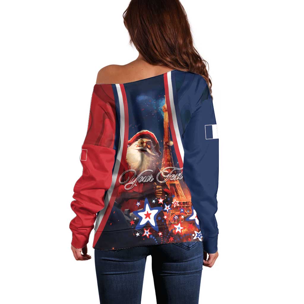 Personalised France Christmas Off Shoulder Sweater Joyeux Noel Santa Claus Eiffel Tower - Wonder Print Shop