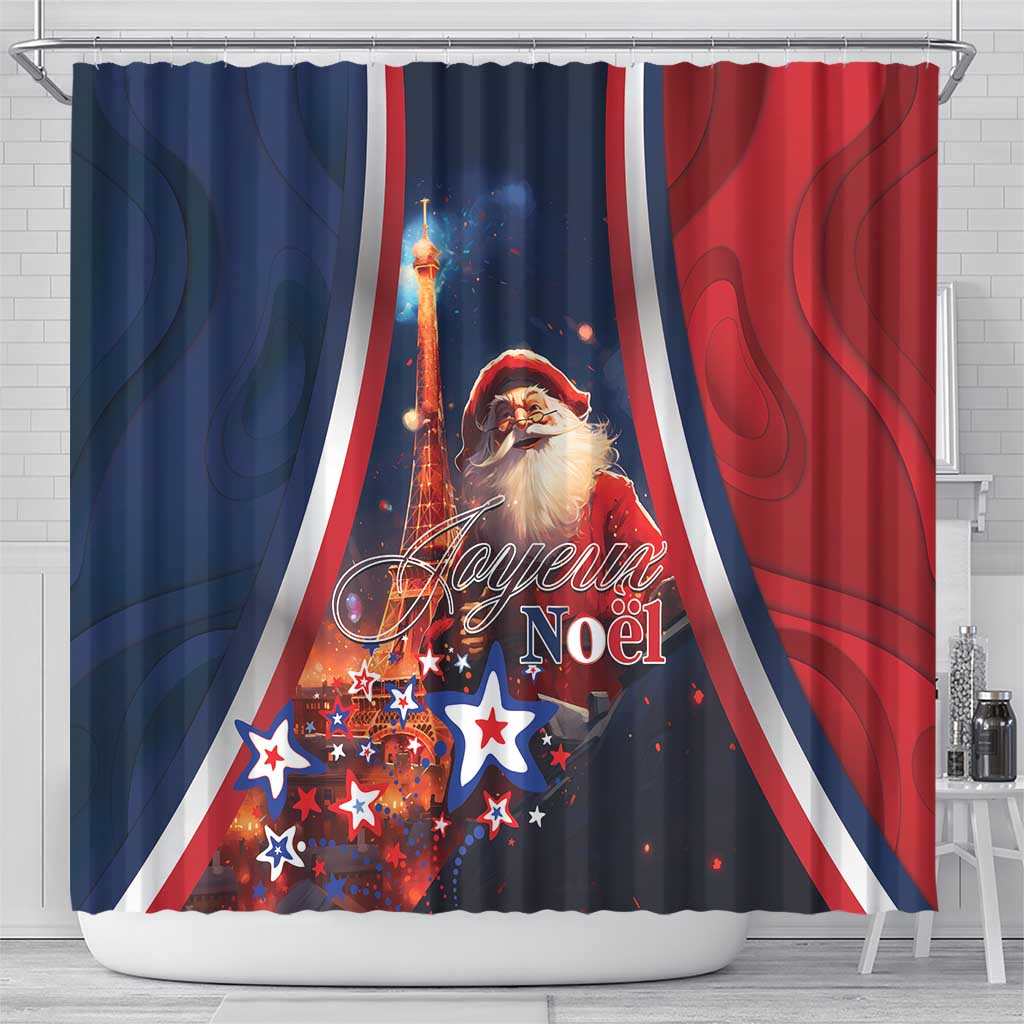 France Christmas Shower Curtain Joyeux Noel Santa Claus Eiffel Tower