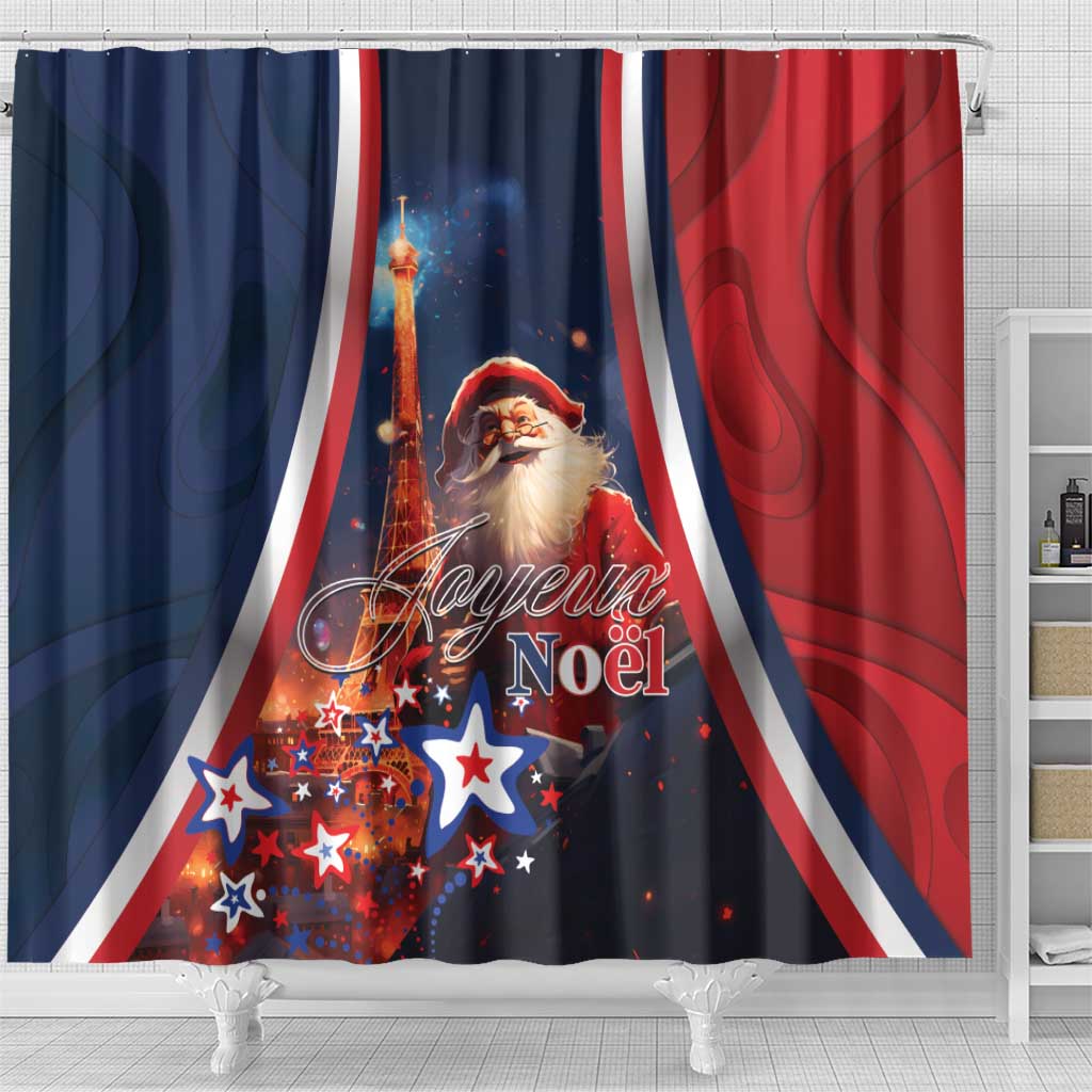 France Christmas Shower Curtain Joyeux Noel Santa Claus Eiffel Tower