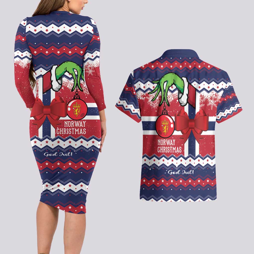 Norway Christmas Couples Matching Long Sleeve Bodycon Dress and Hawaiian Shirt God Jul! Coquette Bow - Wonder Print Shop