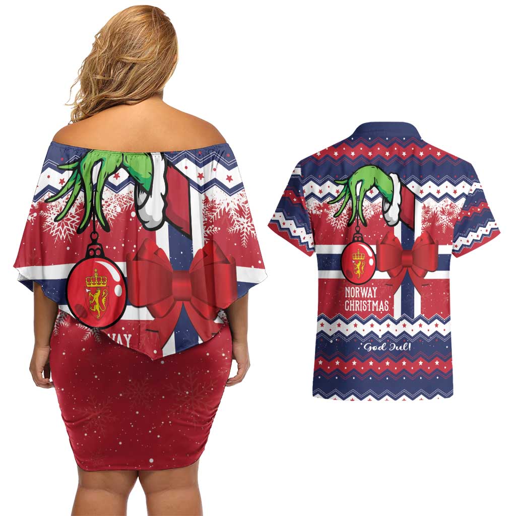 Norway Christmas Couples Matching Off Shoulder Short Dress and Hawaiian Shirt God Jul! Coquette Bow - Wonder Print Shop