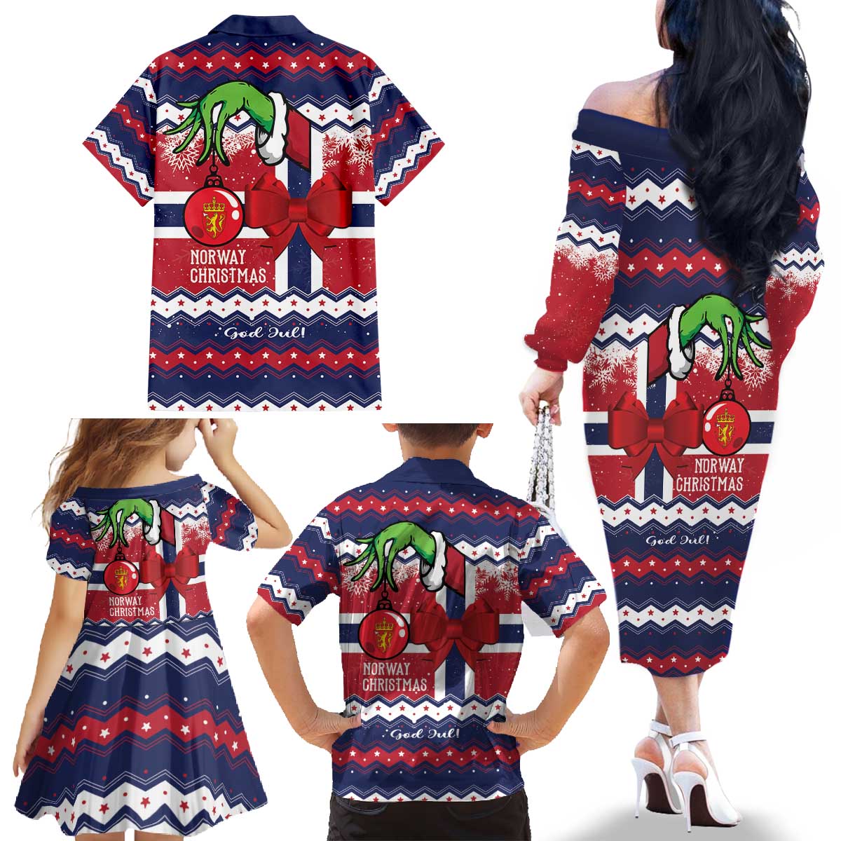 Norway Christmas Family Matching Off The Shoulder Long Sleeve Dress and Hawaiian Shirt God Jul! Coquette Bow - Wonder Print Shop