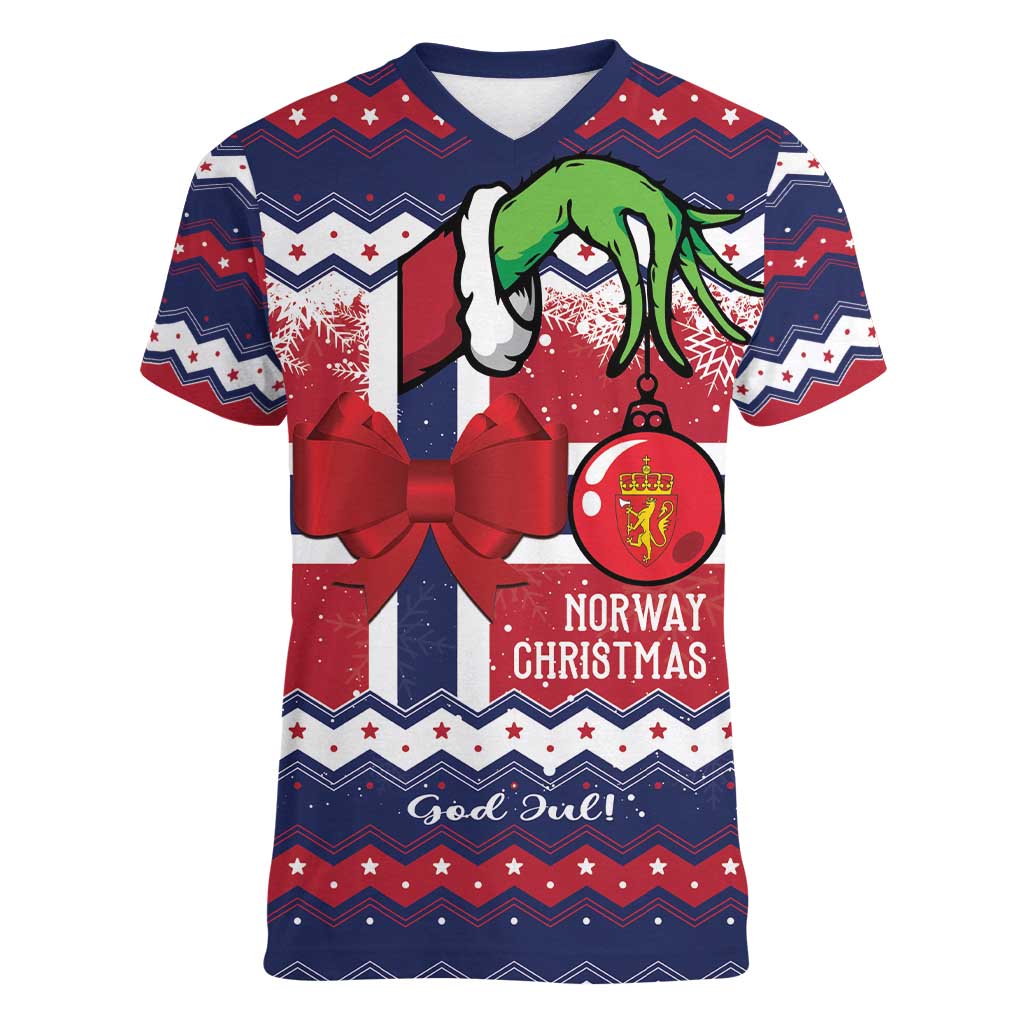 Norway Christmas Women V-Neck T-Shirt God Jul! Coquette Bow - Wonder Print Shop