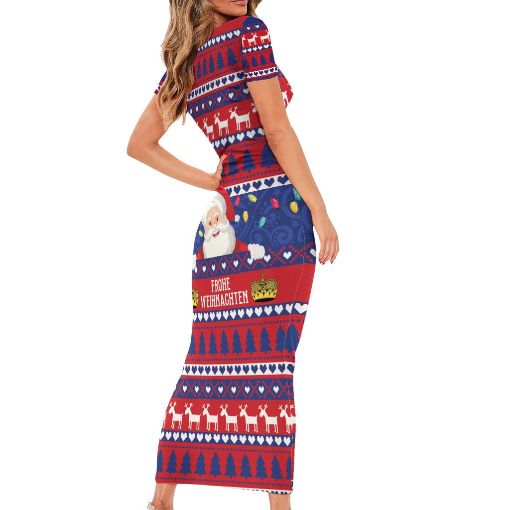 Liechtenstein Christmas Short Sleeve Bodycon Dress Frohe Weihnachten Der Weihnachtsmann - Wonder Print Shop