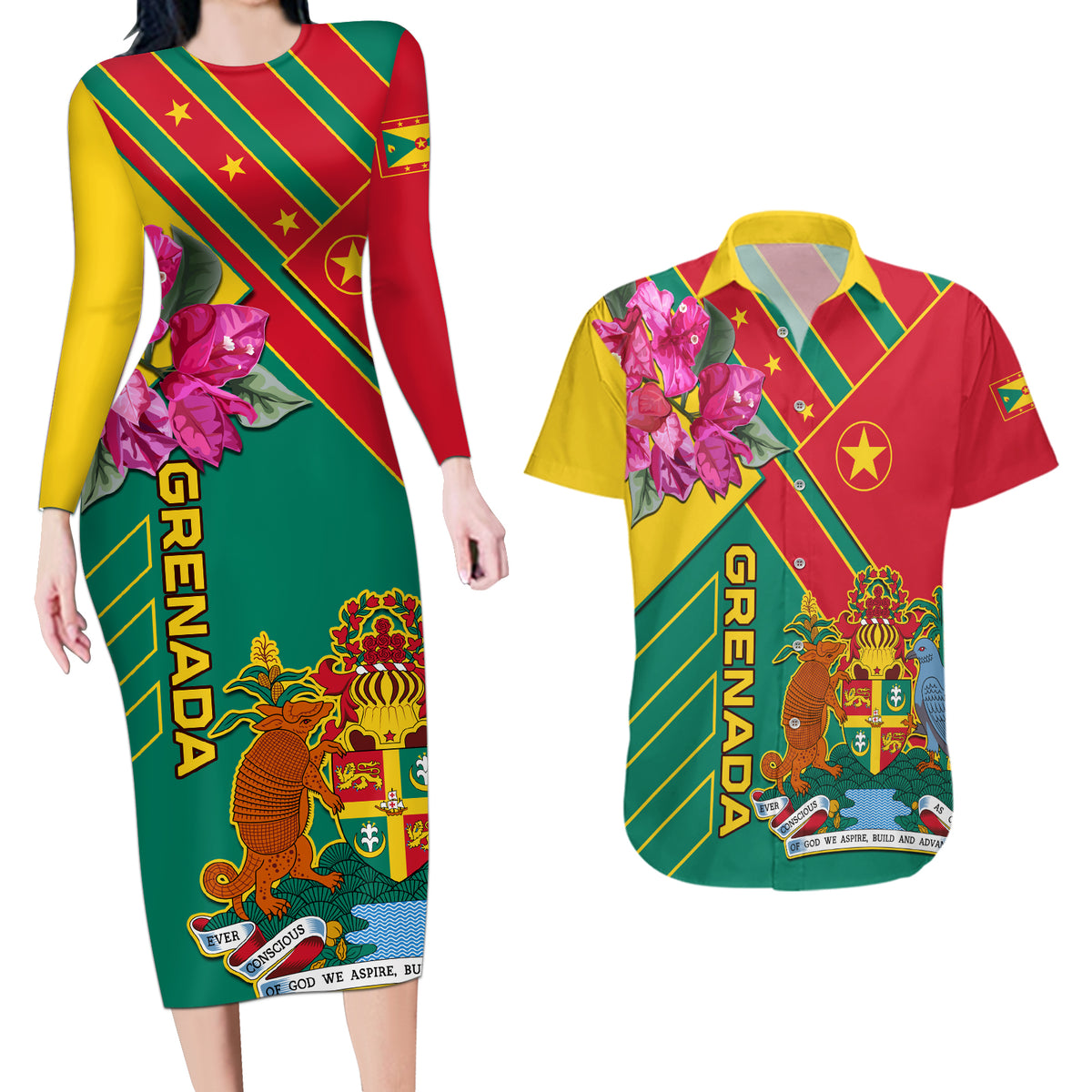 Grenada Couples Matching Long Sleeve Bodycon Dress and Hawaiian Shirt Gwenad Bougainvillea Special Version - Wonder Print Shop