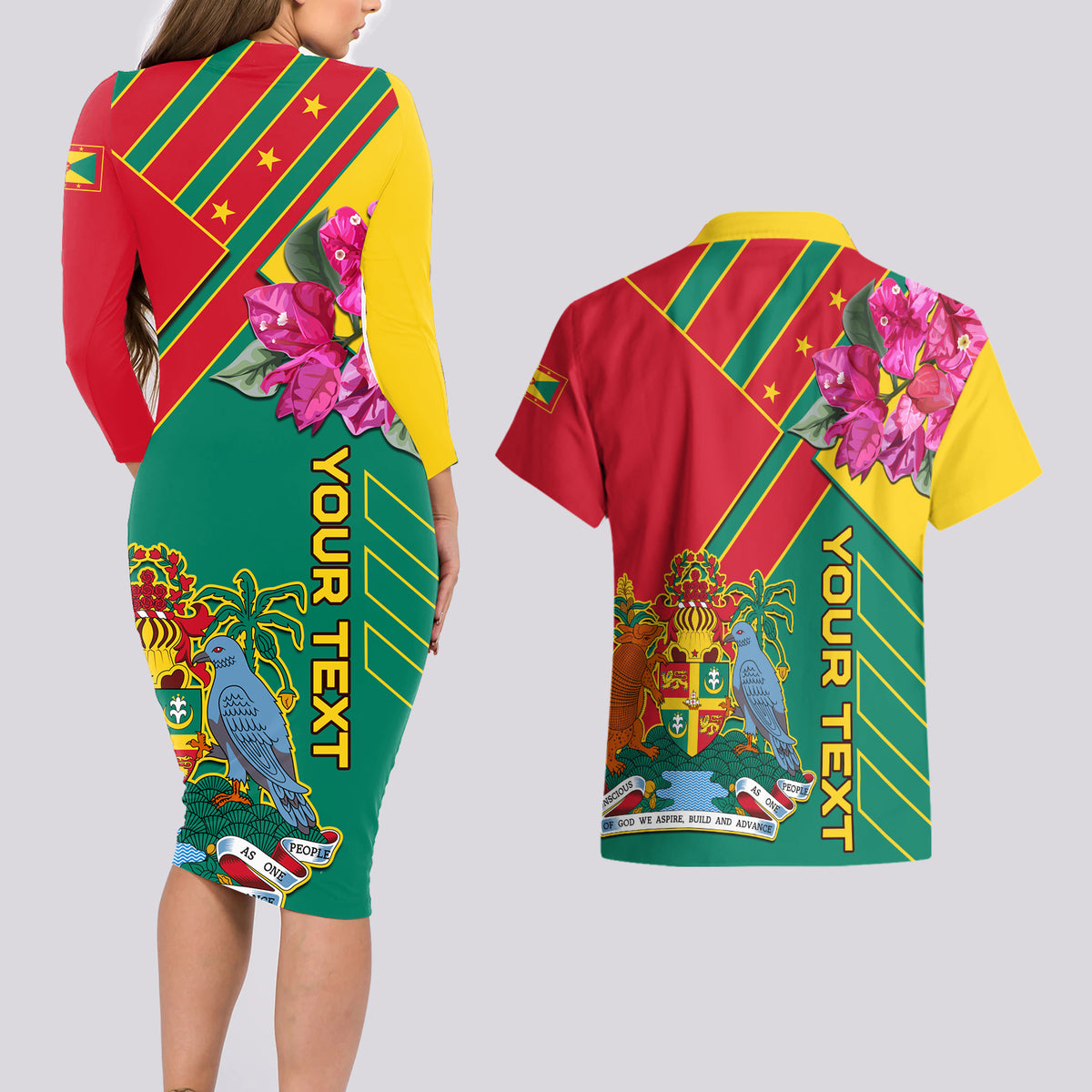 Grenada Couples Matching Long Sleeve Bodycon Dress and Hawaiian Shirt Gwenad Bougainvillea Special Version - Wonder Print Shop