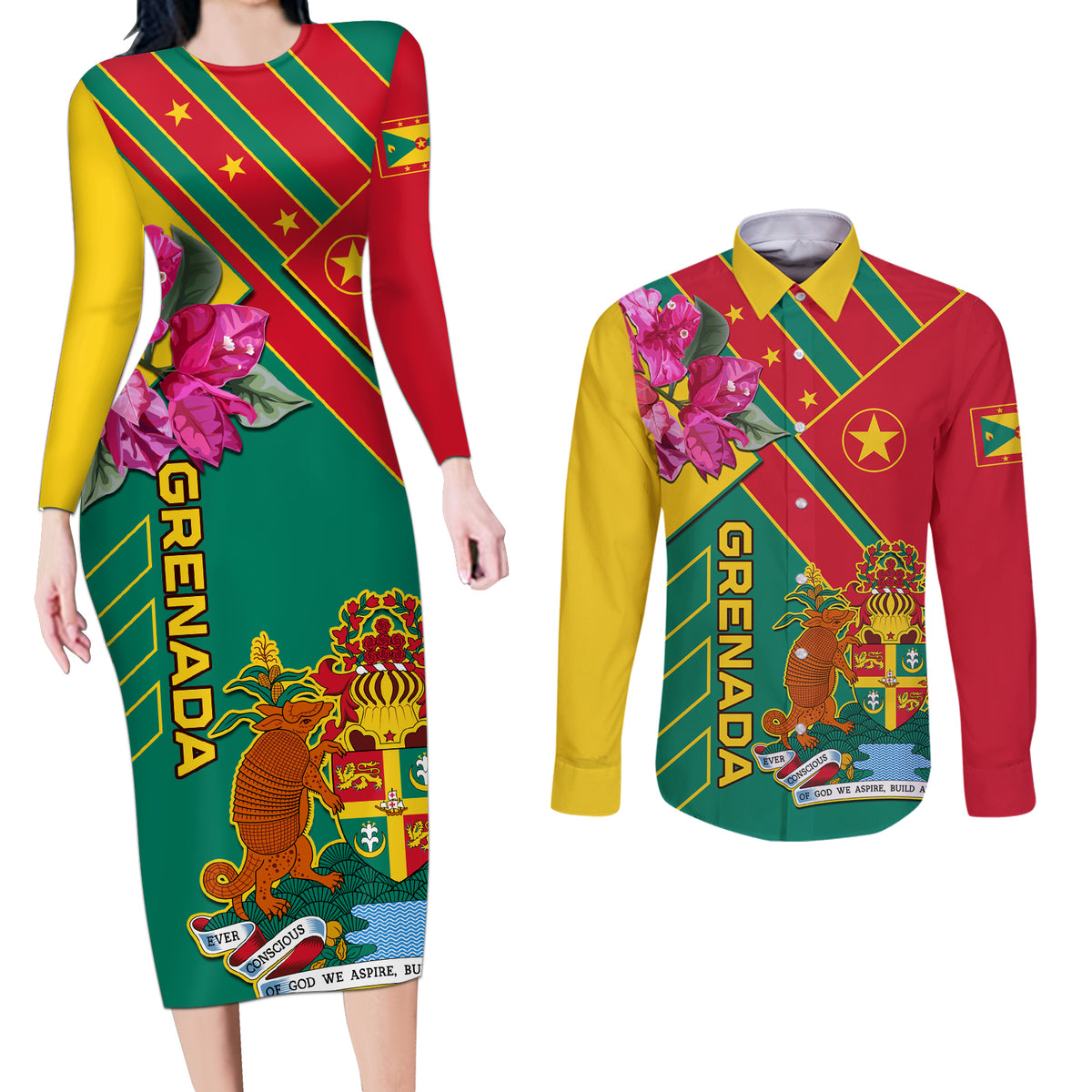 Grenada Couples Matching Long Sleeve Bodycon Dress and Long Sleeve Button Shirt Gwenad Bougainvillea Special Version - Wonder Print Shop
