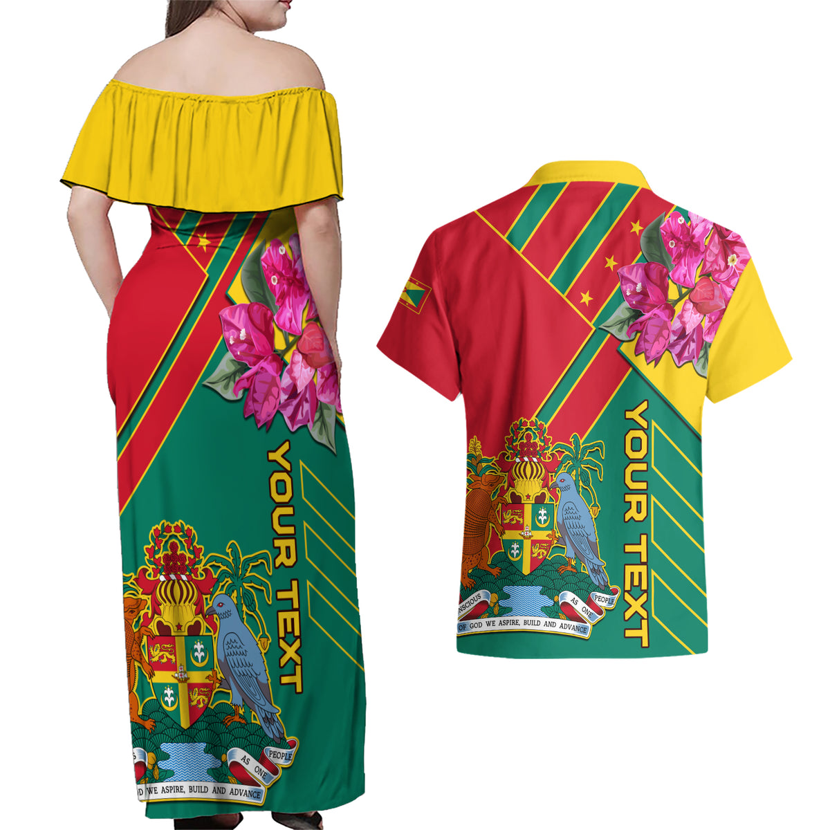 Grenada Couples Matching Off Shoulder Maxi Dress and Hawaiian Shirt Gwenad Bougainvillea Special Version - Wonder Print Shop