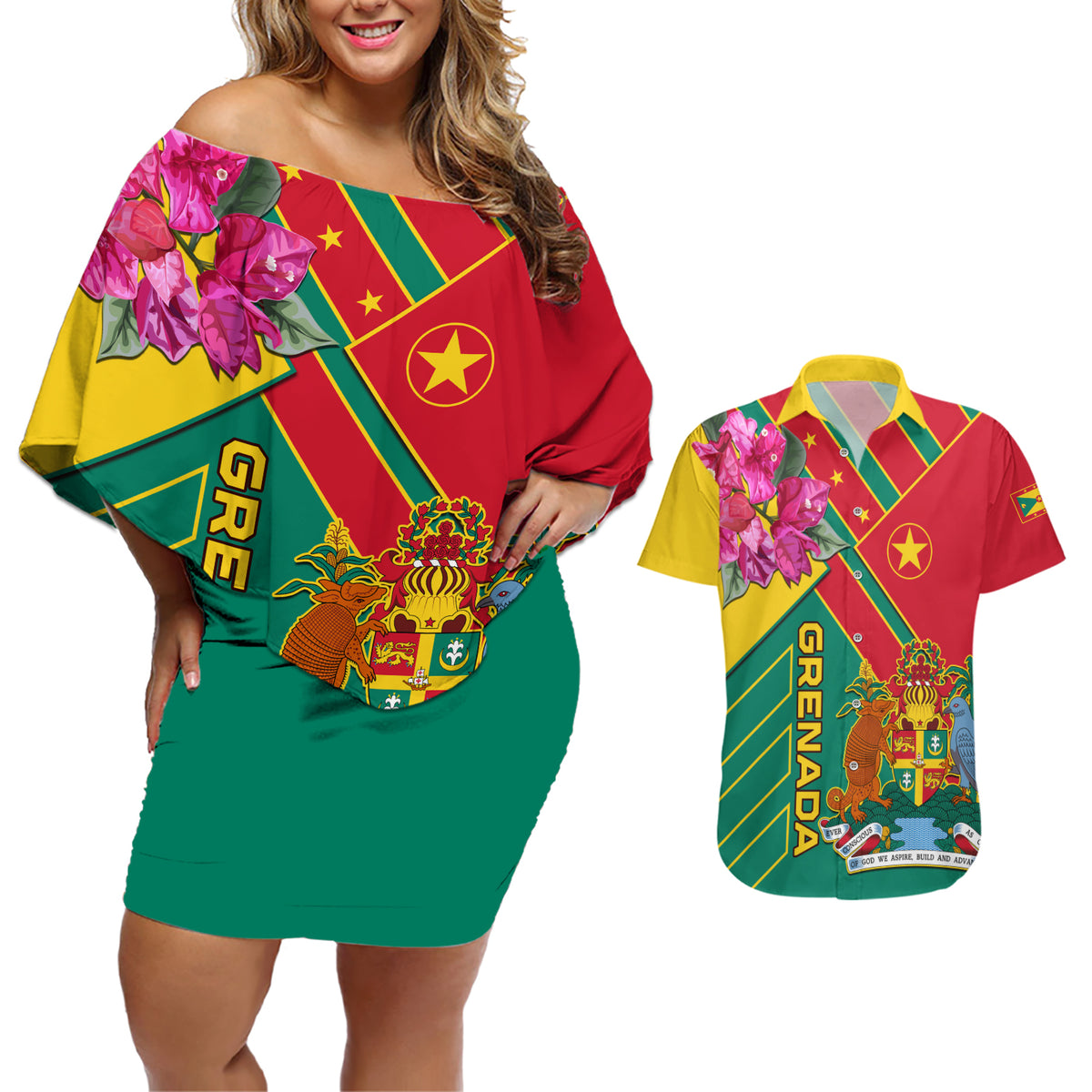 Grenada Couples Matching Off Shoulder Short Dress and Hawaiian Shirt Gwenad Bougainvillea Special Version - Wonder Print Shop