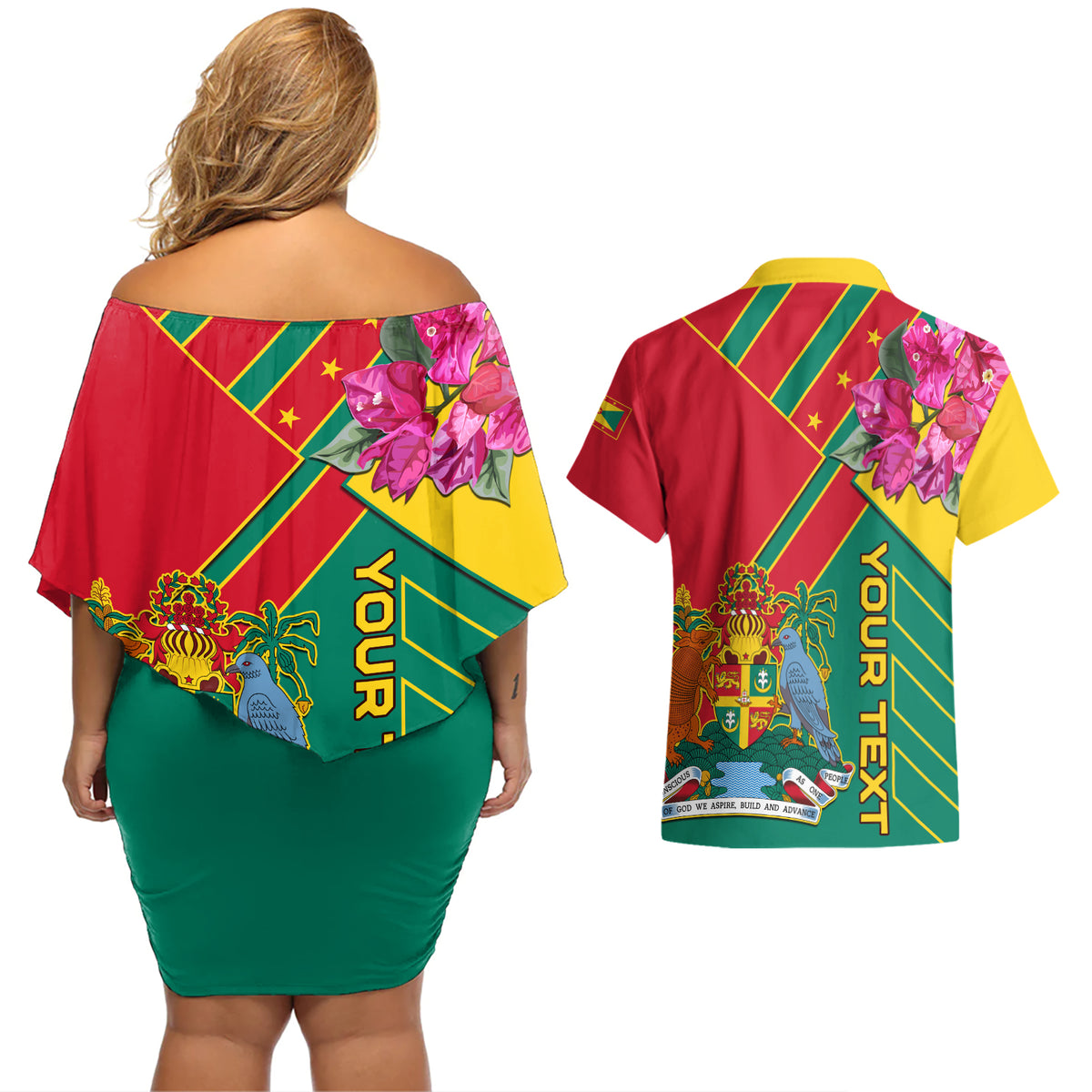 Grenada Couples Matching Off Shoulder Short Dress and Hawaiian Shirt Gwenad Bougainvillea Special Version - Wonder Print Shop