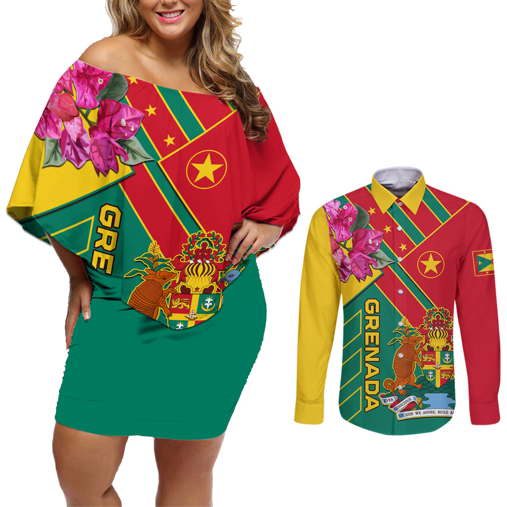 Grenada Couples Matching Off Shoulder Short Dress and Long Sleeve Button Shirt Gwenad Bougainvillea Special Version - Wonder Print Shop