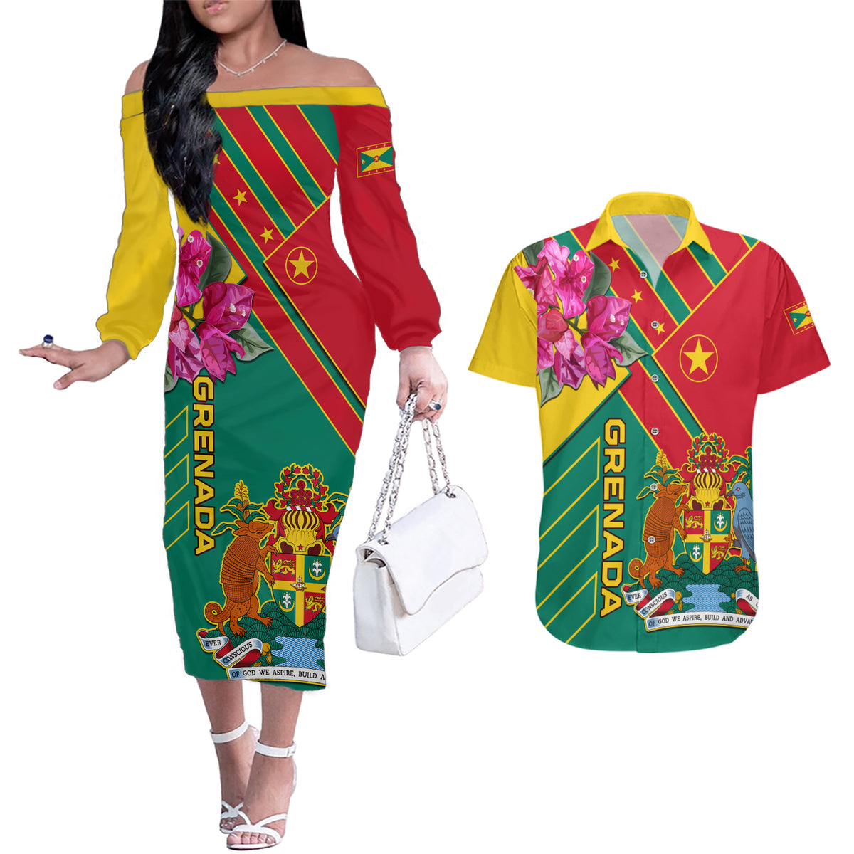 Grenada Couples Matching Off The Shoulder Long Sleeve Dress and Hawaiian Shirt Gwenad Bougainvillea Special Version - Wonder Print Shop