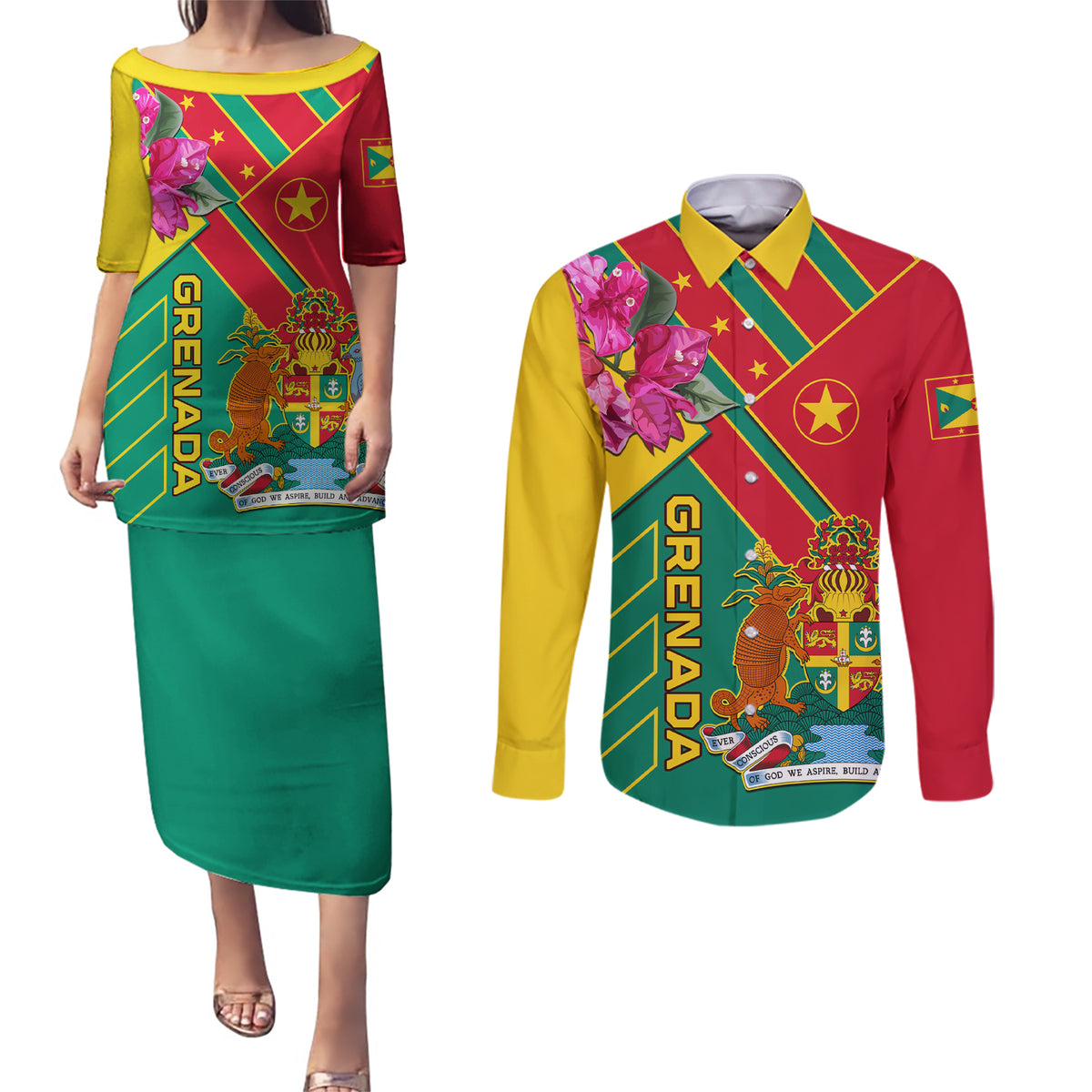 Grenada Couples Matching Puletasi Dress and Long Sleeve Button Shirt Gwenad Bougainvillea Special Version - Wonder Print Shop