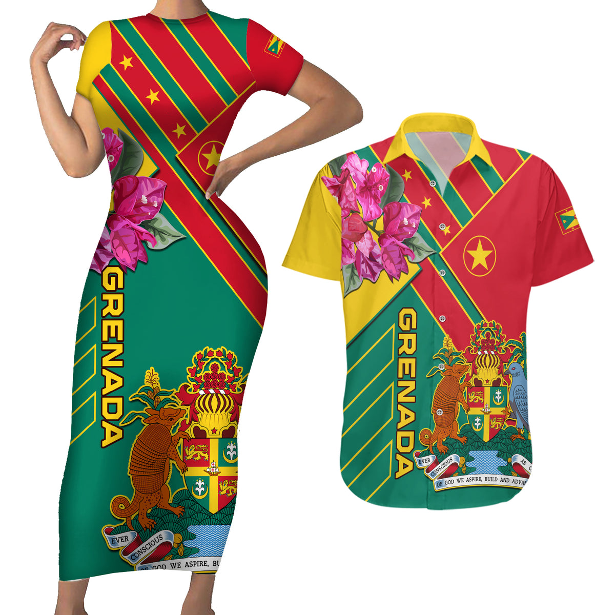 Grenada Couples Matching Short Sleeve Bodycon Dress and Hawaiian Shirt Gwenad Bougainvillea Special Version - Wonder Print Shop