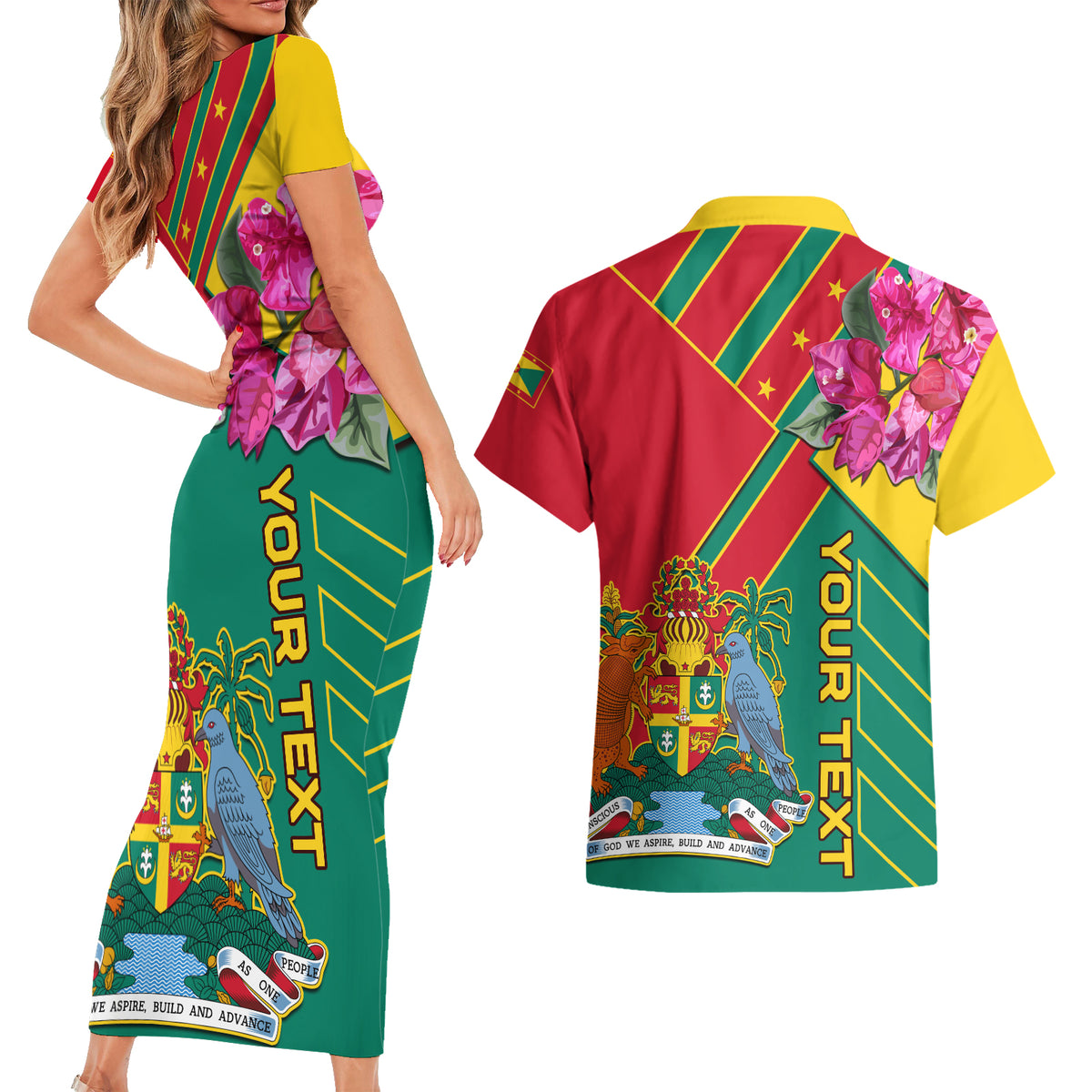 Grenada Couples Matching Short Sleeve Bodycon Dress and Hawaiian Shirt Gwenad Bougainvillea Special Version - Wonder Print Shop