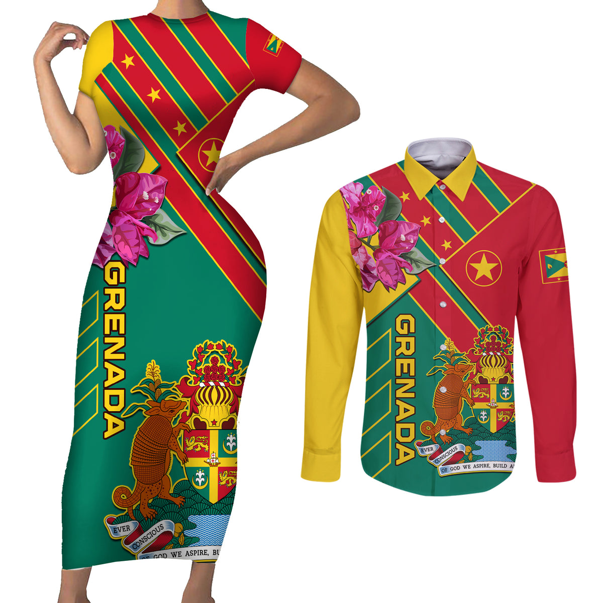 Grenada Couples Matching Short Sleeve Bodycon Dress and Long Sleeve Button Shirt Gwenad Bougainvillea Special Version - Wonder Print Shop