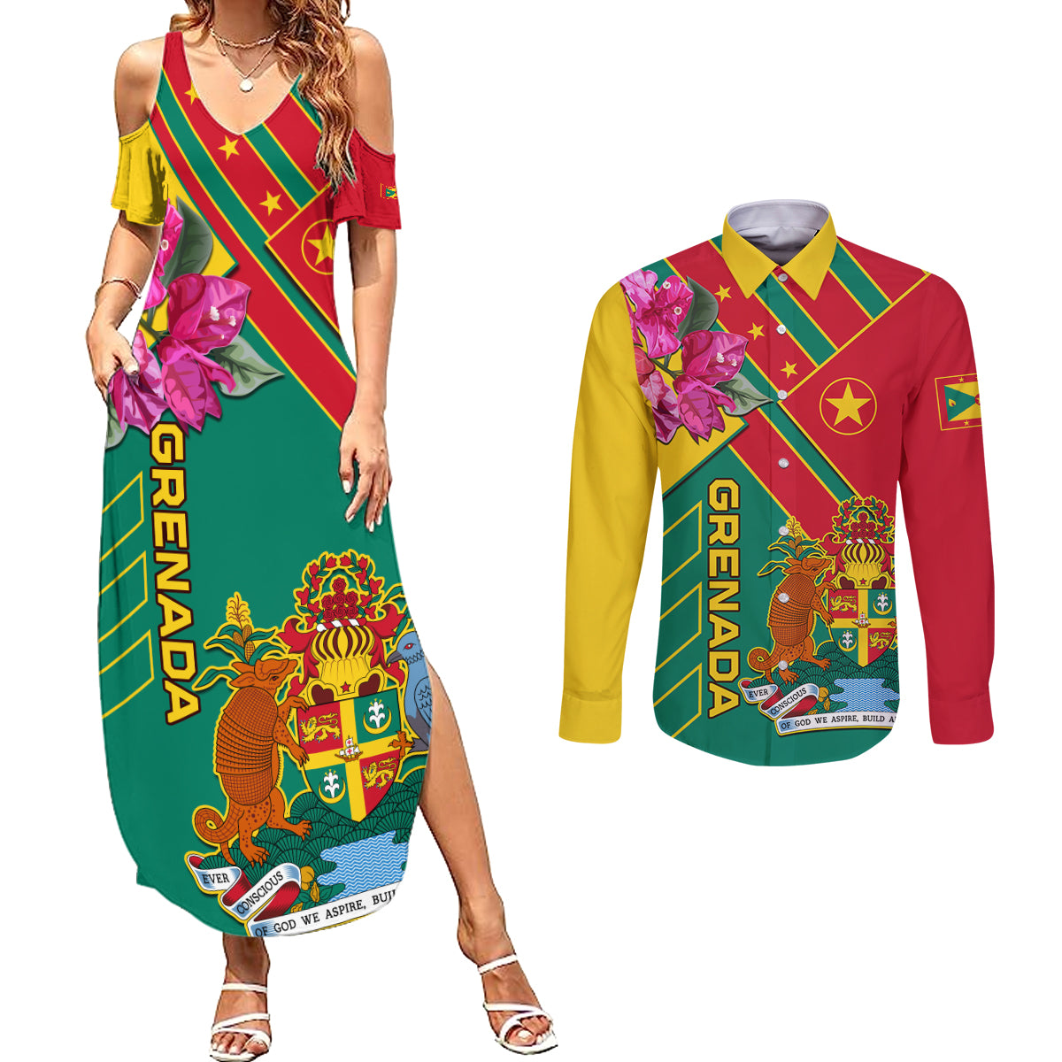 Grenada Couples Matching Summer Maxi Dress and Long Sleeve Button Shirt Gwenad Bougainvillea Special Version - Wonder Print Shop