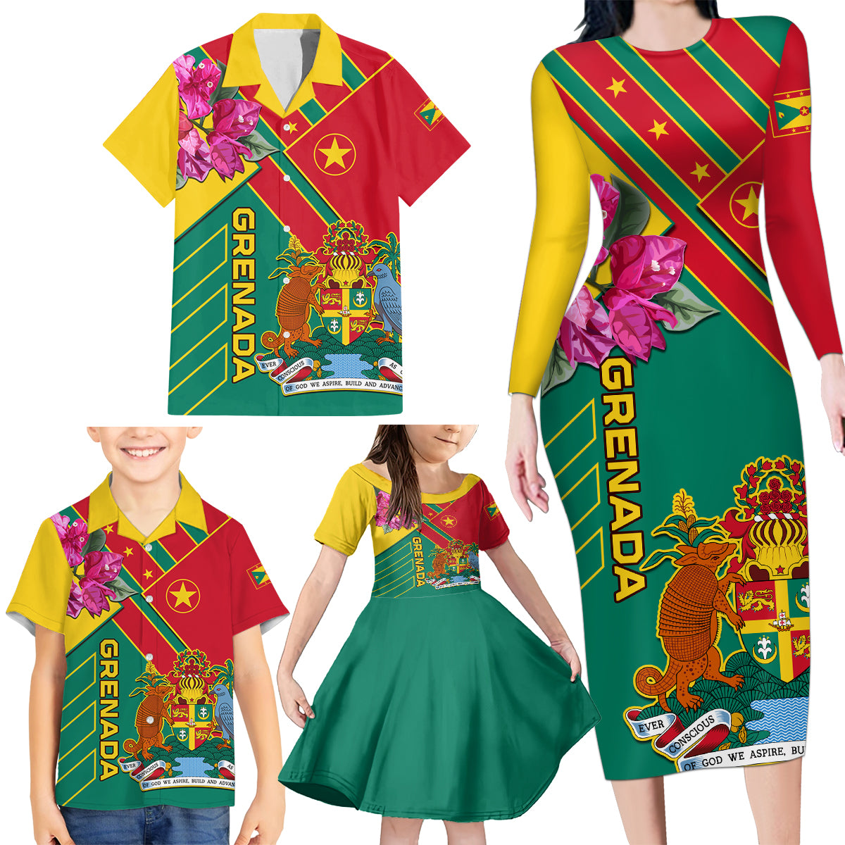 Grenada Family Matching Long Sleeve Bodycon Dress and Hawaiian Shirt Gwenad Bougainvillea Special Version - Wonder Print Shop