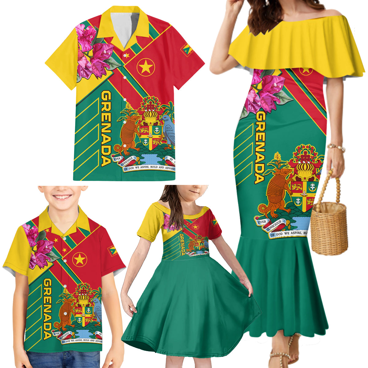 Grenada Family Matching Mermaid Dress and Hawaiian Shirt Gwenad Bougainvillea Special Version - Wonder Print Shop