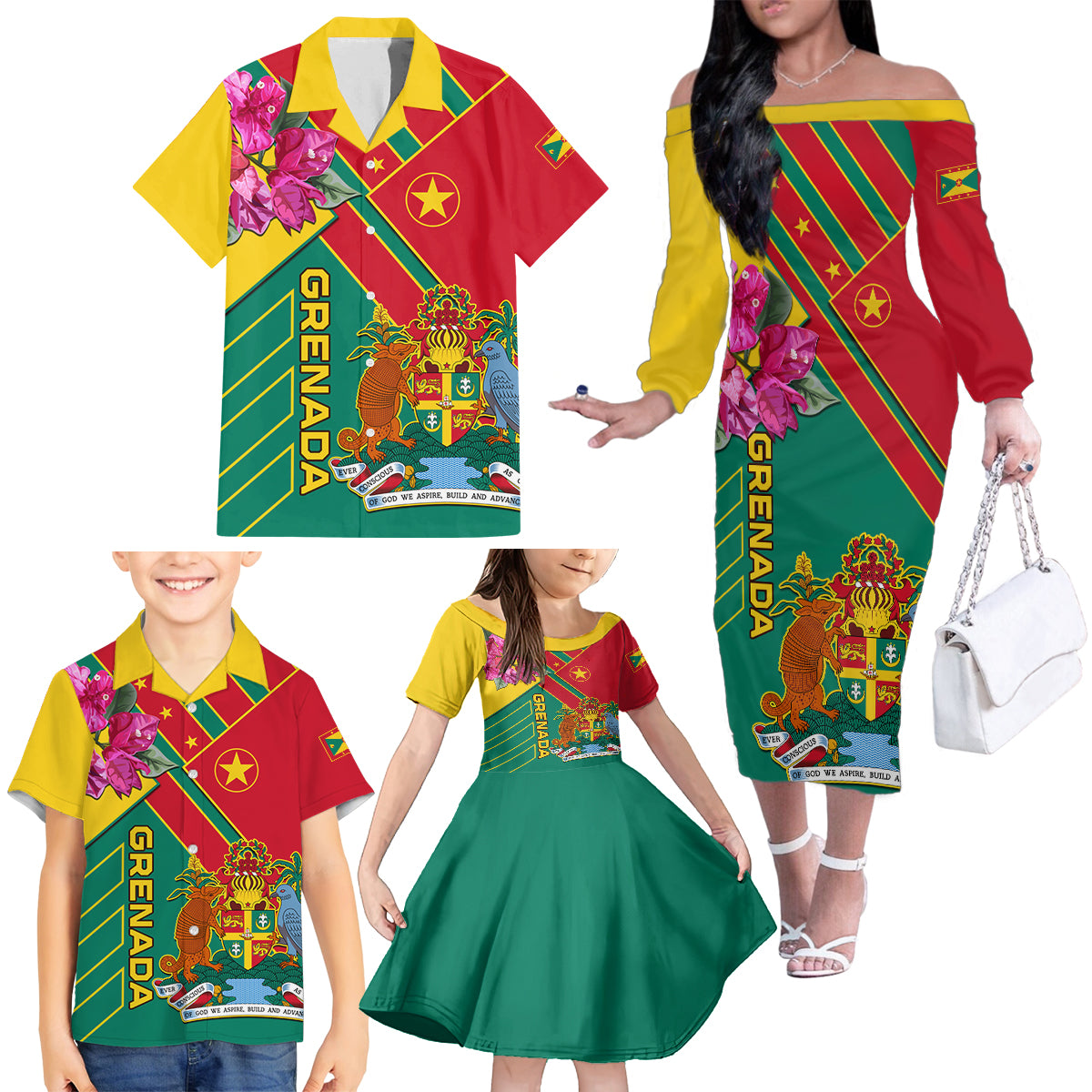 Grenada Family Matching Off Shoulder Long Sleeve Dress and Hawaiian Shirt Gwenad Bougainvillea Special Version - Wonder Print Shop