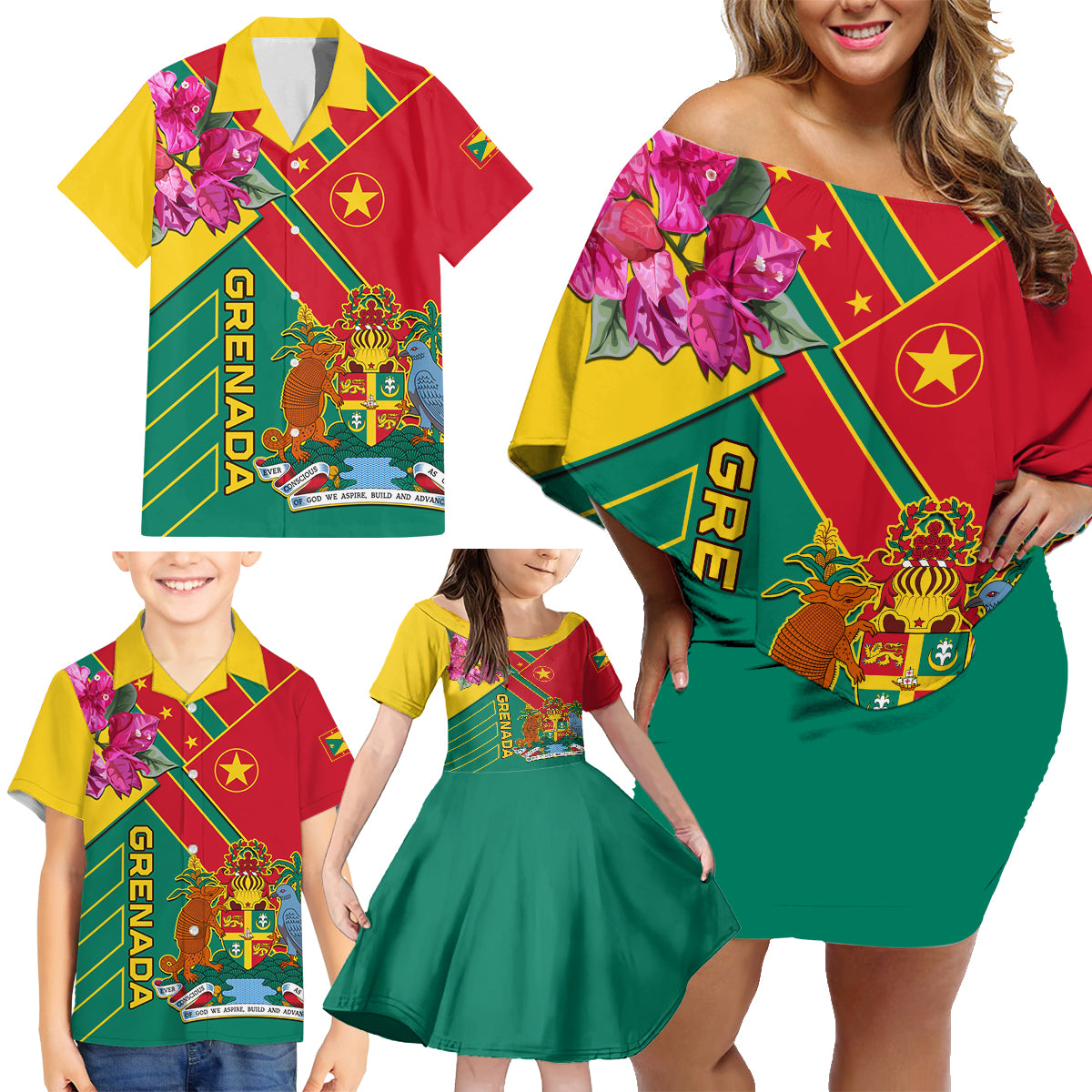 Grenada Family Matching Off Shoulder Short Dress and Hawaiian Shirt Gwenad Bougainvillea Special Version - Wonder Print Shop