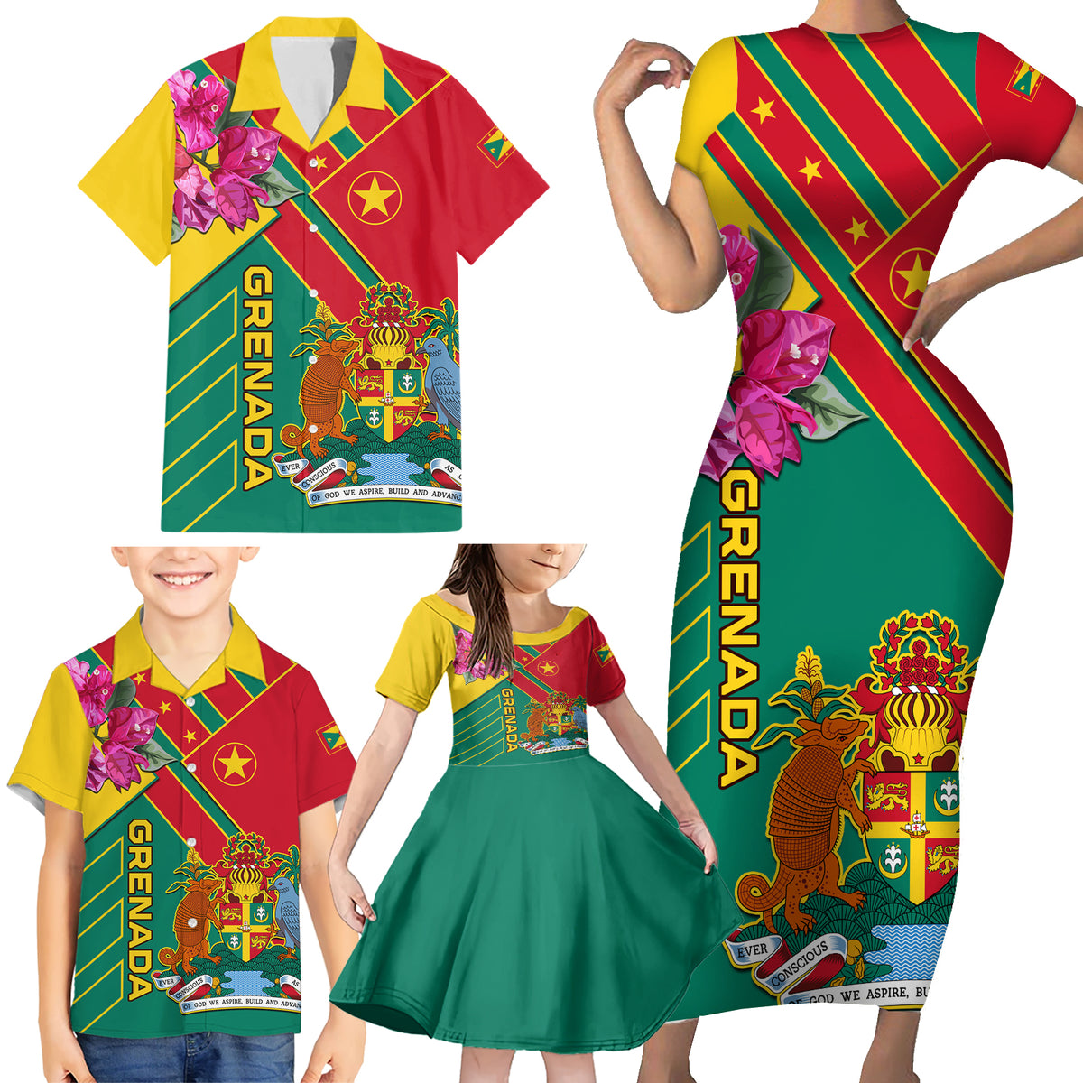 Grenada Family Matching Short Sleeve Bodycon Dress and Hawaiian Shirt Gwenad Bougainvillea Special Version - Wonder Print Shop