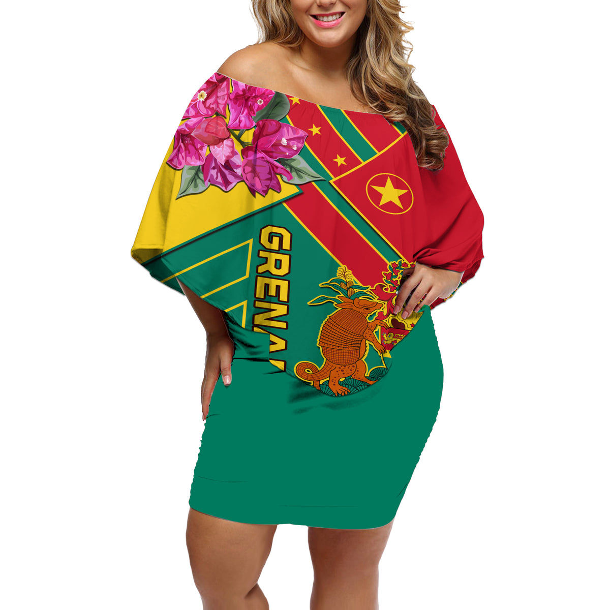 Grenada Off Shoulder Short Dress Gwenad Bougainvillea Special Version - Wonder Print Shop