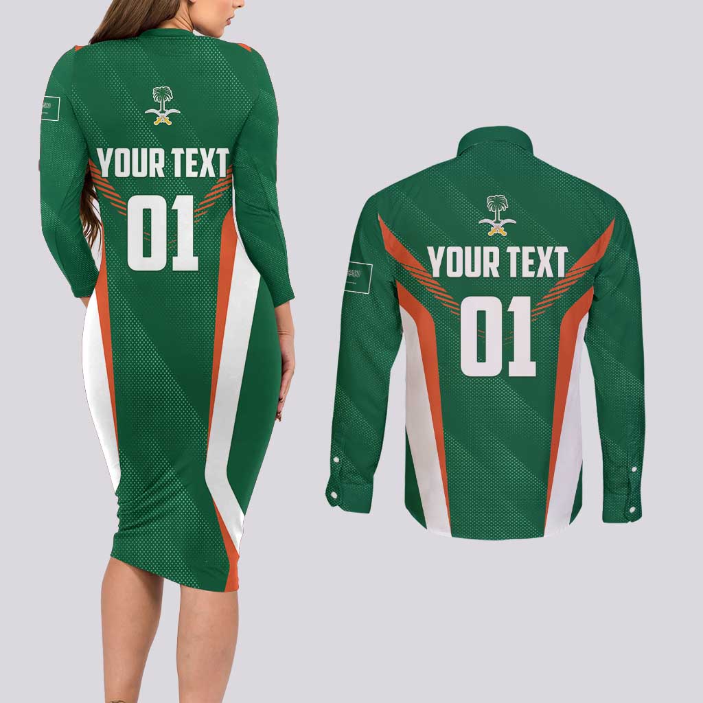 Custom Saudi Arabia Cricket Couples Matching Long Sleeve Bodycon Dress and Long Sleeve Button Shirt TeamSaudi Go Champions - Wonder Print Shop