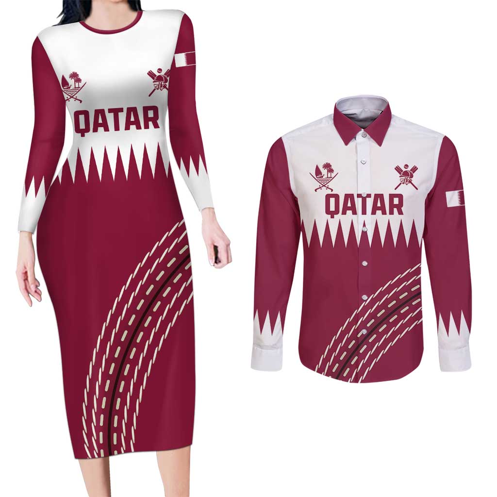 Custom Qatar Cricket Couples Matching Long Sleeve Bodycon Dress and Long Sleeve Button Shirt Come On Boys - Wonder Print Shop