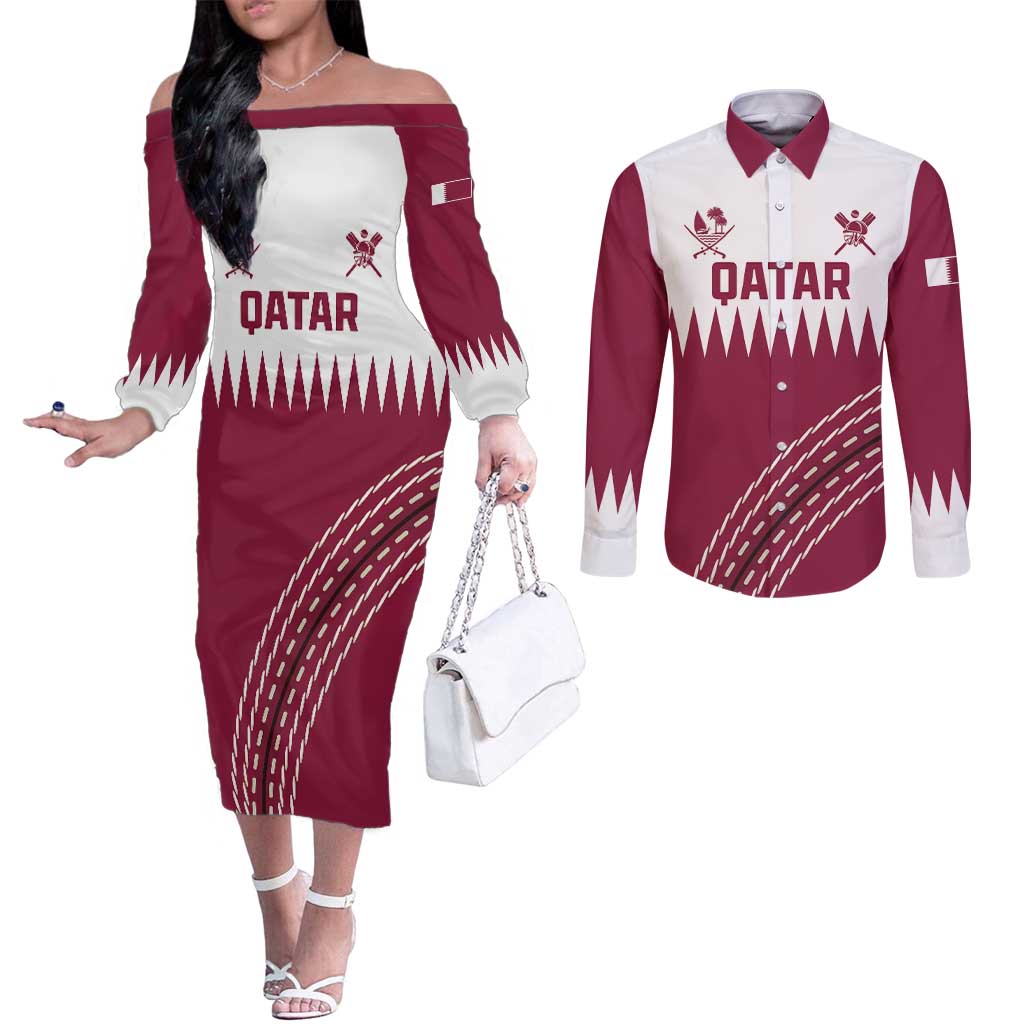 Custom Qatar Cricket Couples Matching Off The Shoulder Long Sleeve Dress and Long Sleeve Button Shirt Come On Boys