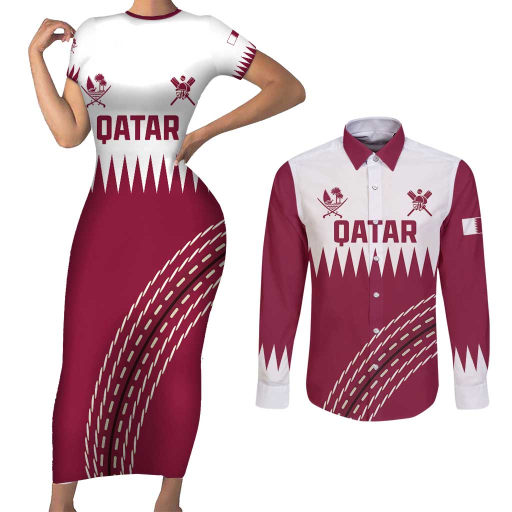 Custom Qatar Cricket Couples Matching Short Sleeve Bodycon Dress and Long Sleeve Button Shirt Come On Boys - Wonder Print Shop