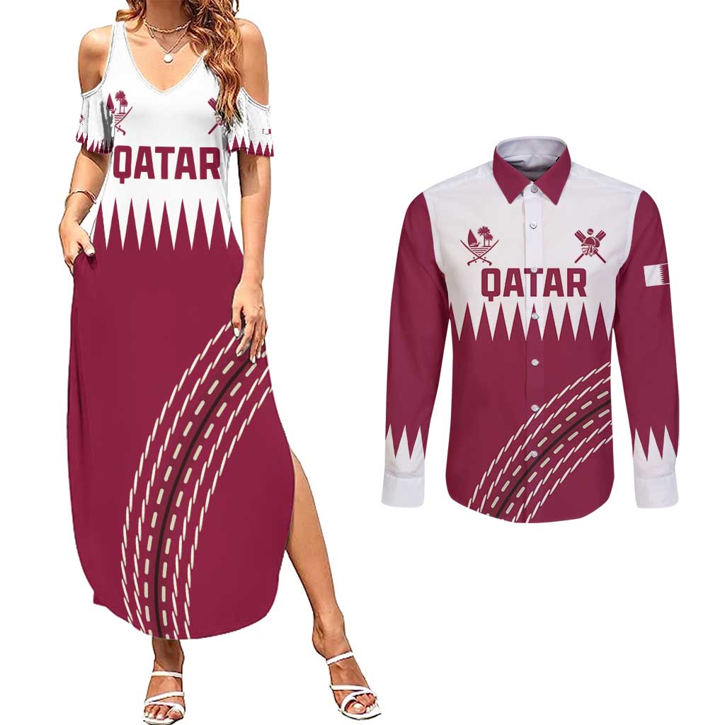 Custom Qatar Cricket Couples Matching Summer Maxi Dress and Long Sleeve Button Shirt Come On Boys - Wonder Print Shop