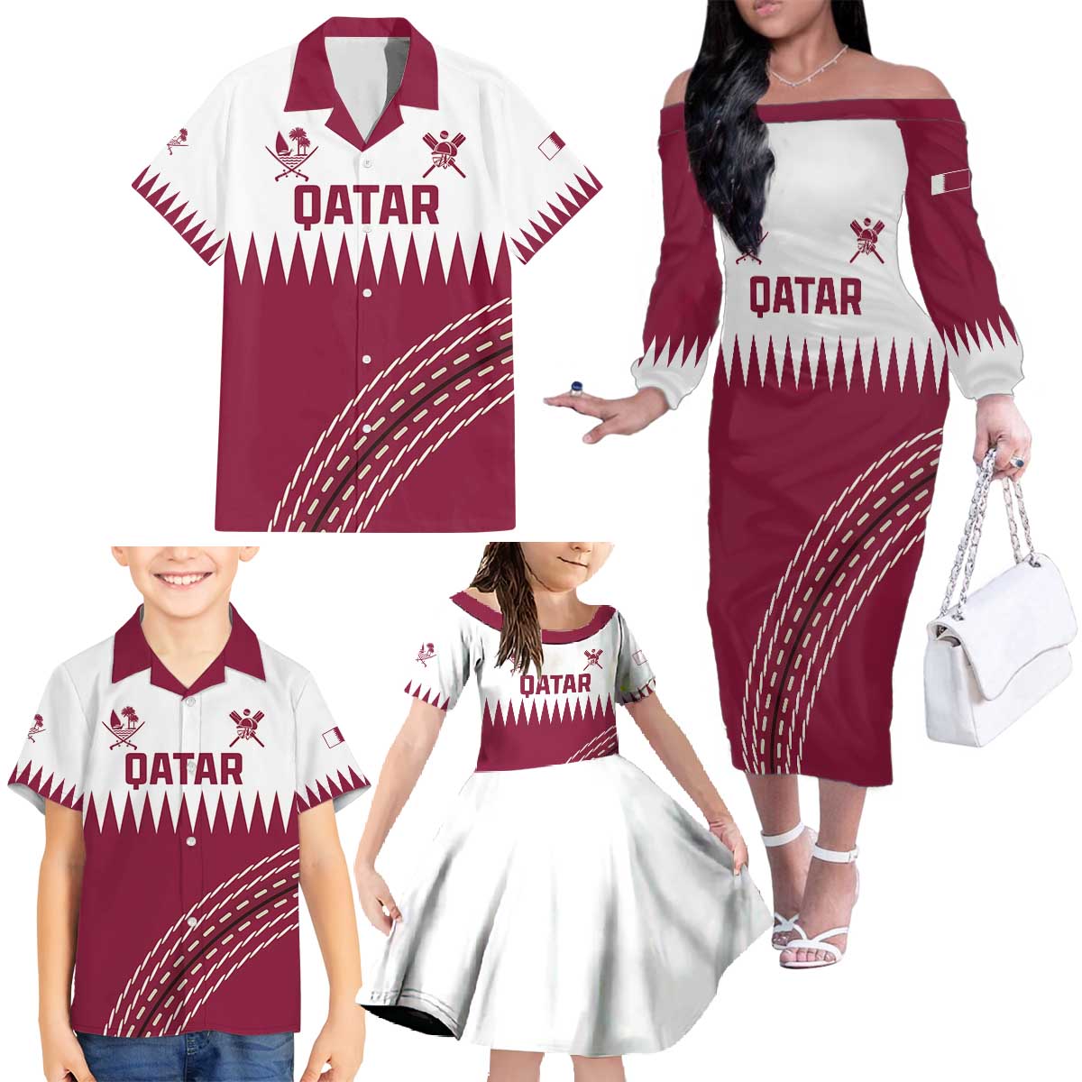 Custom Qatar Cricket Family Matching Off The Shoulder Long Sleeve Dress and Hawaiian Shirt Come On Boys - Wonder Print Shop