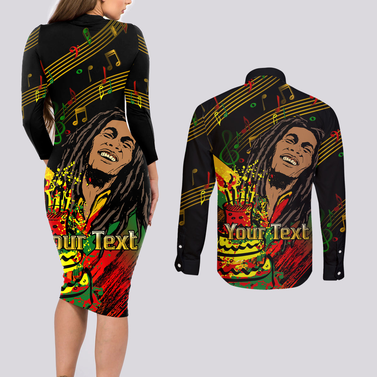 Legend Bob Birthday Couples Matching Long Sleeve Bodycon Dress and Long Sleeve Button Shirt The Father of Reggae - Wonder Print Shop