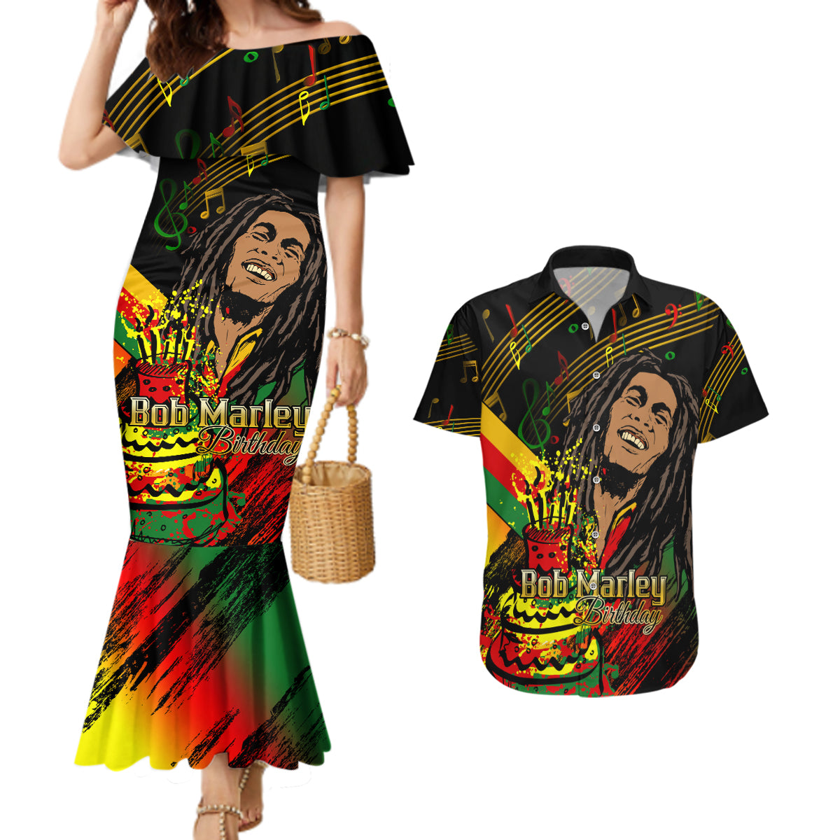 Legend Bob Birthday Couples Matching Mermaid Dress and Hawaiian Shirt The Father of Reggae - Wonder Print Shop