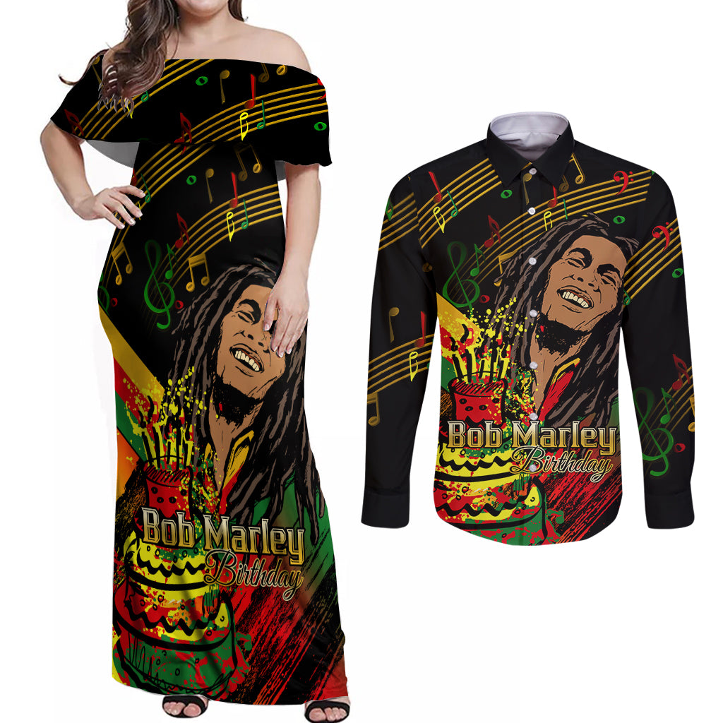 Legend Bob Birthday Couples Matching Off Shoulder Maxi Dress and Long Sleeve Button Shirt The Father of Reggae - Wonder Print Shop